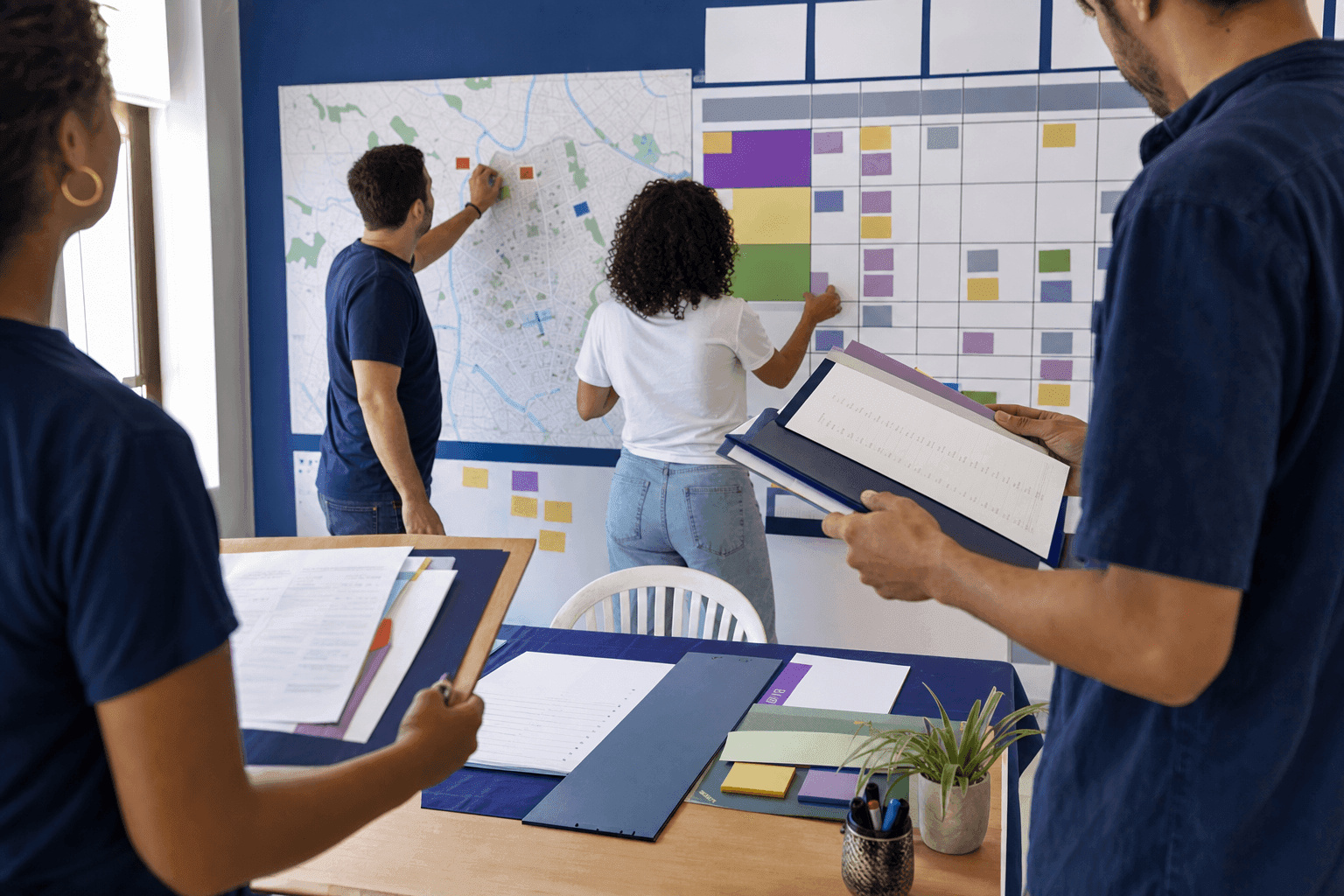 Equipe organiza um calendário de campanha ao lado de um mapa