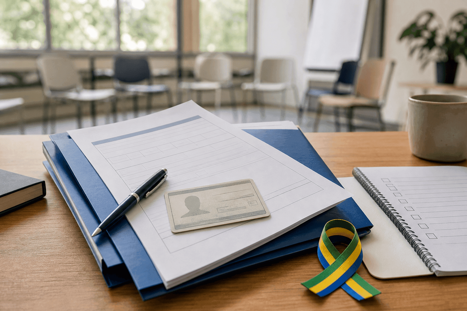 Documentos de candidatura, ficha de identificação e checklist sobre uma mesa