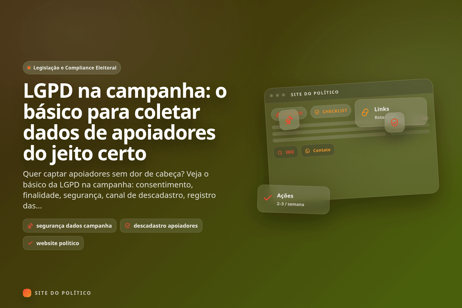 Interface ilustrada de site com checklist, links e ícones de segurança para LGPD