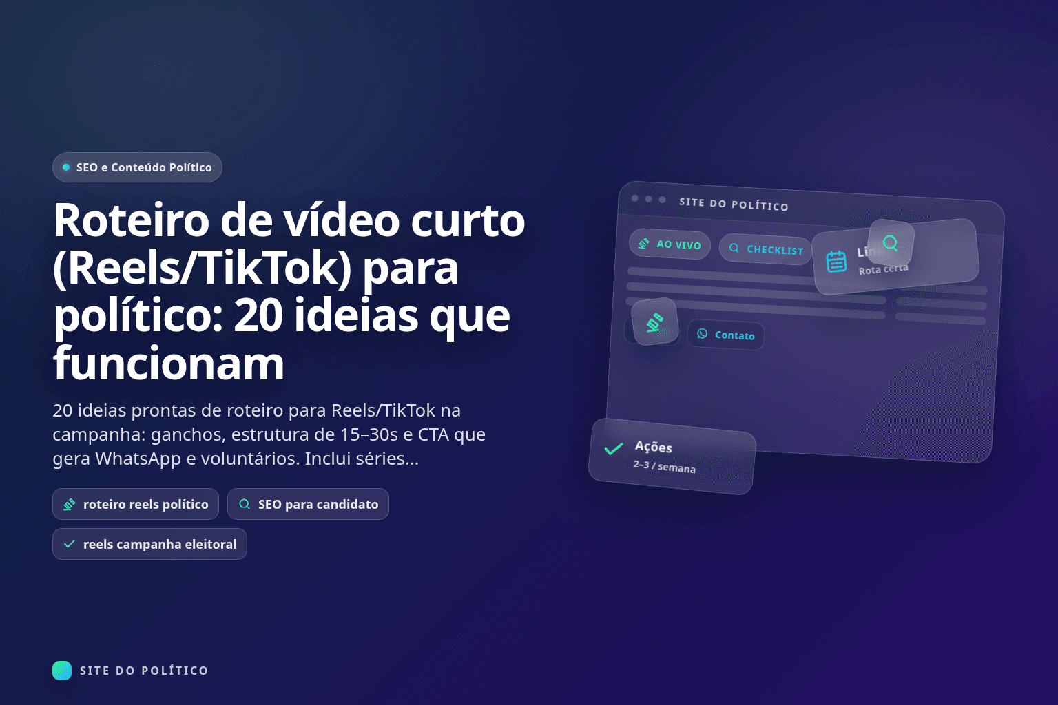 Interface ilustrada de site com atalhos de checklist, busca e contato