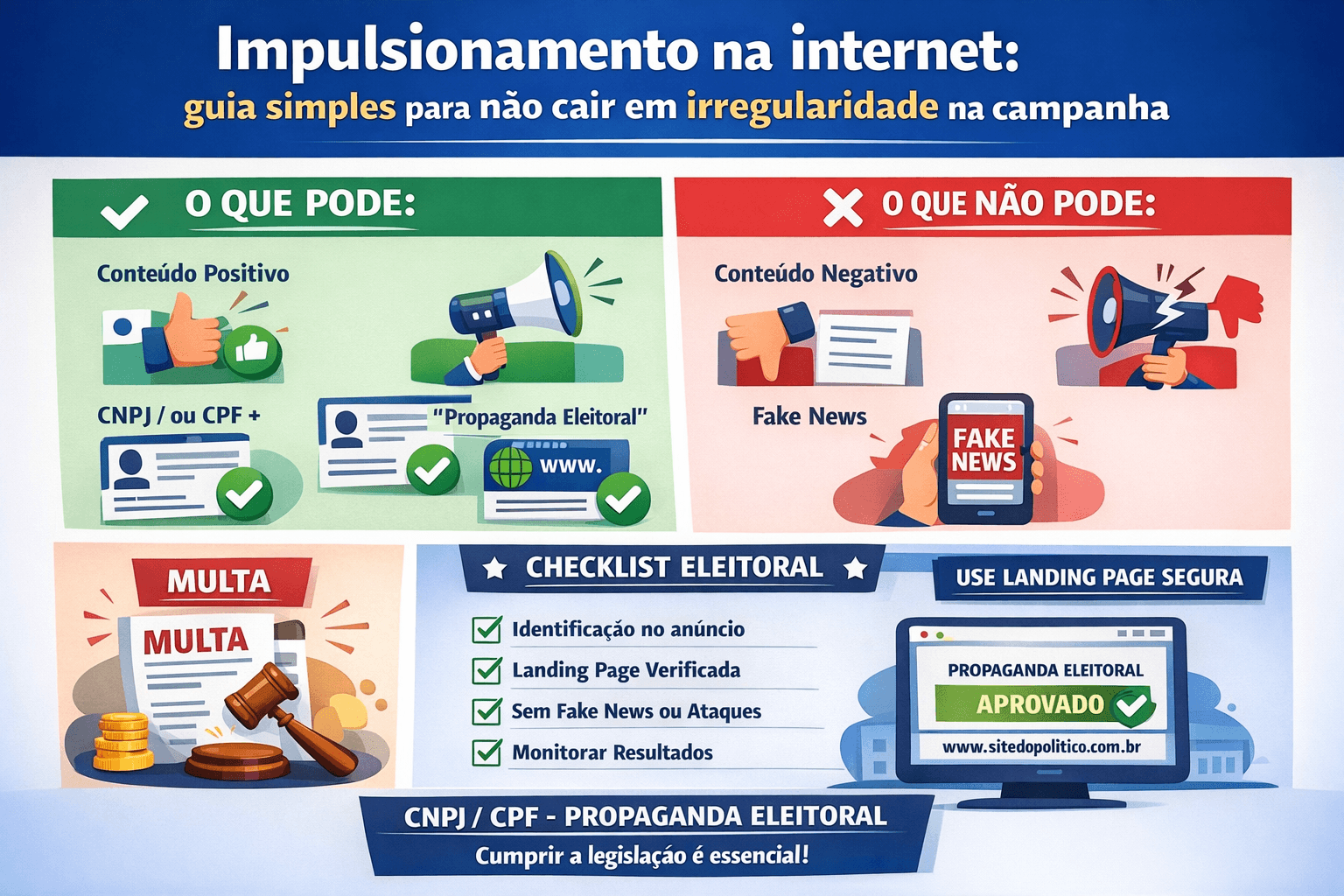Infográfico de impulsionamento eleitoral com quadros do que pode e não pode, checklist e alerta de multa