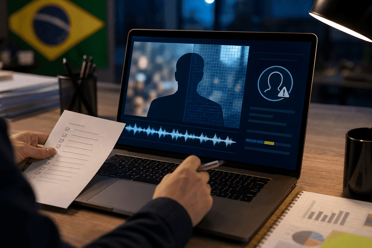 Notebook com análise de imagem e voz, checklist e bandeira do Brasil ao fundo