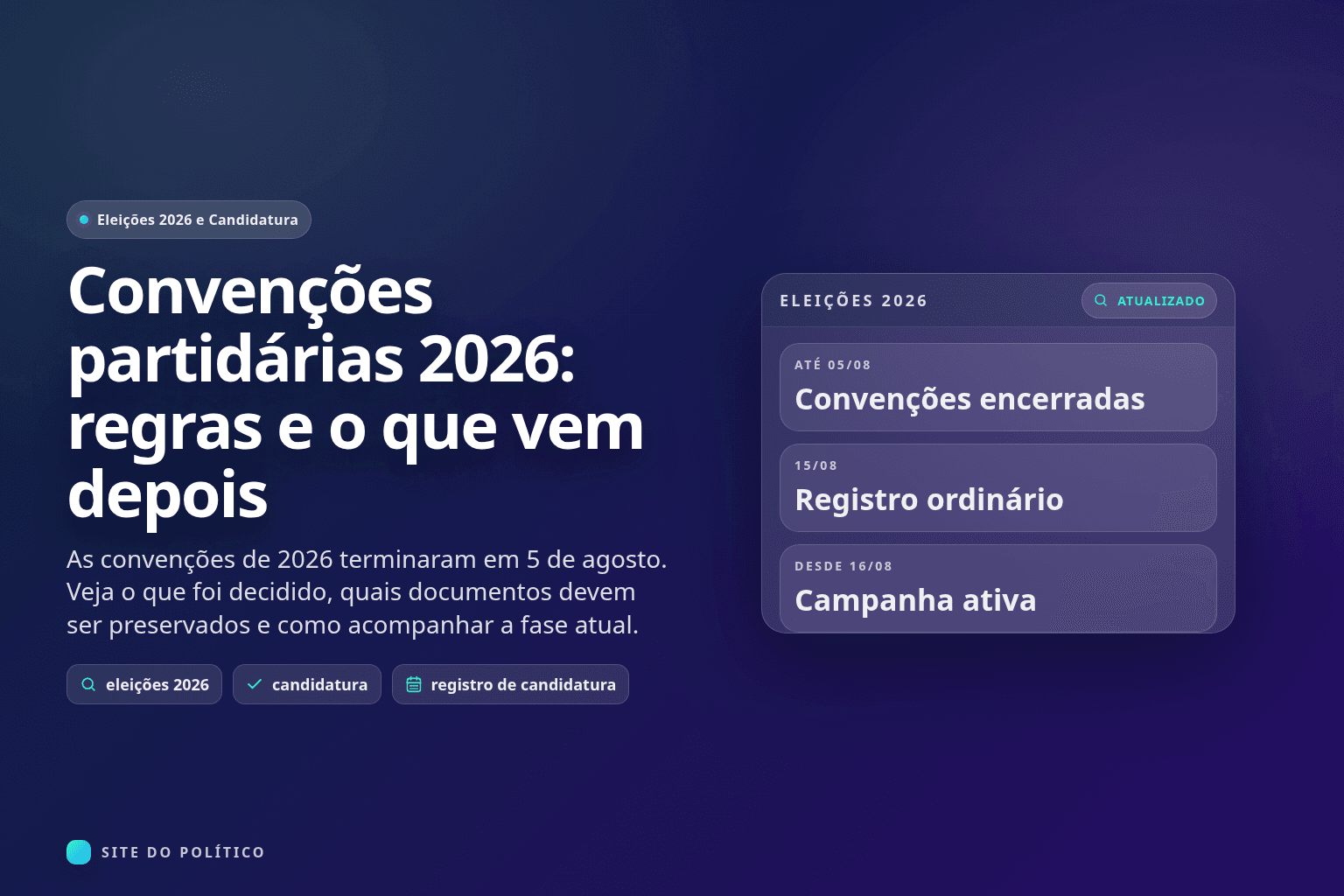 Quadro das Eleições 2026 com convenções encerradas, registro ordinário e campanha ativa