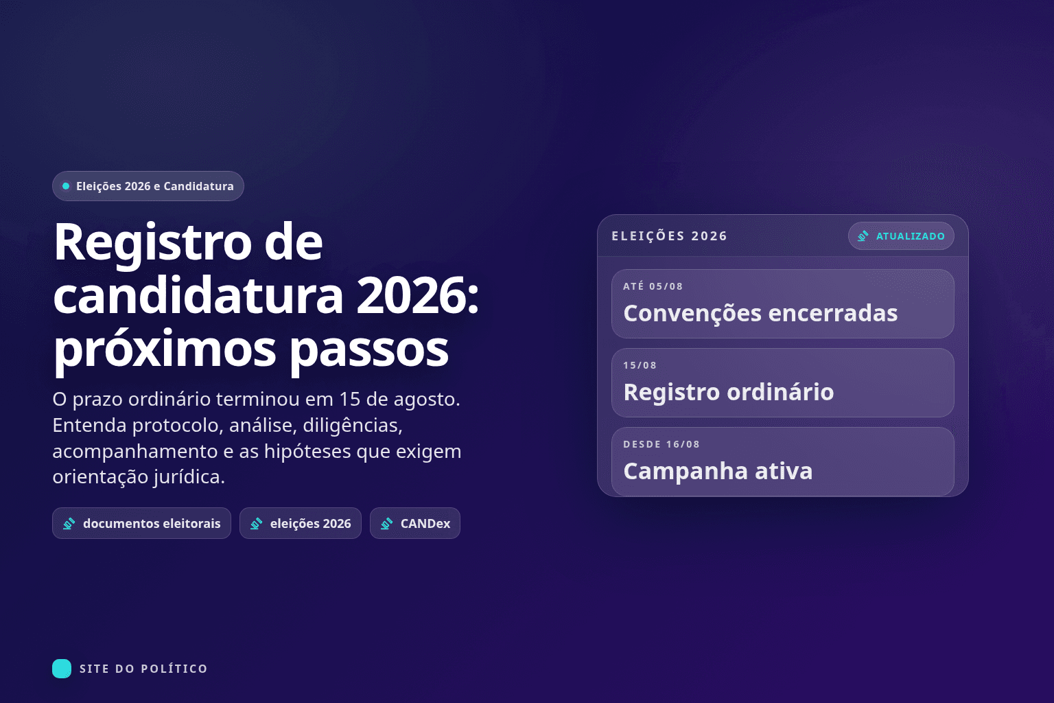 Quadro das Eleições 2026 com convenções encerradas, registro ordinário e campanha ativa
