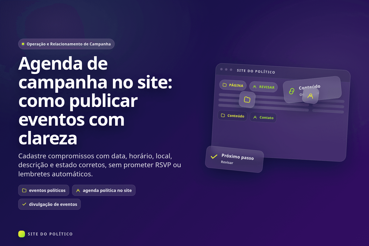 Calendário de campanha com data, horário, local, descrição e estado de publicação