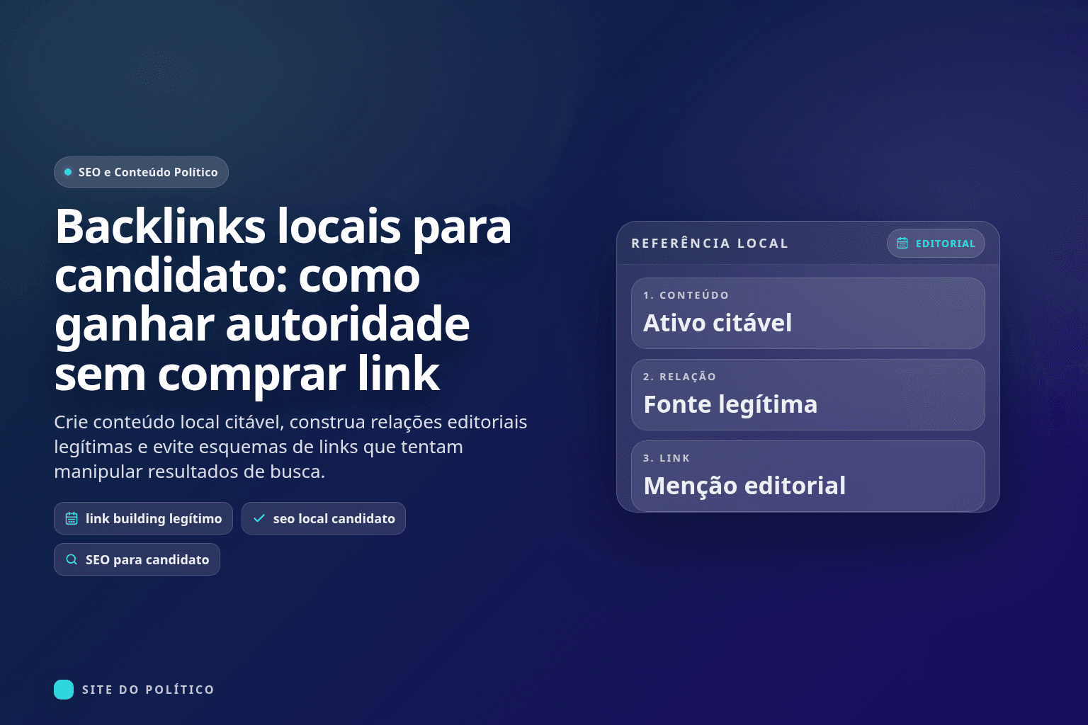 Fluxo de referência local com conteúdo citável, fonte legítima e menção editorial