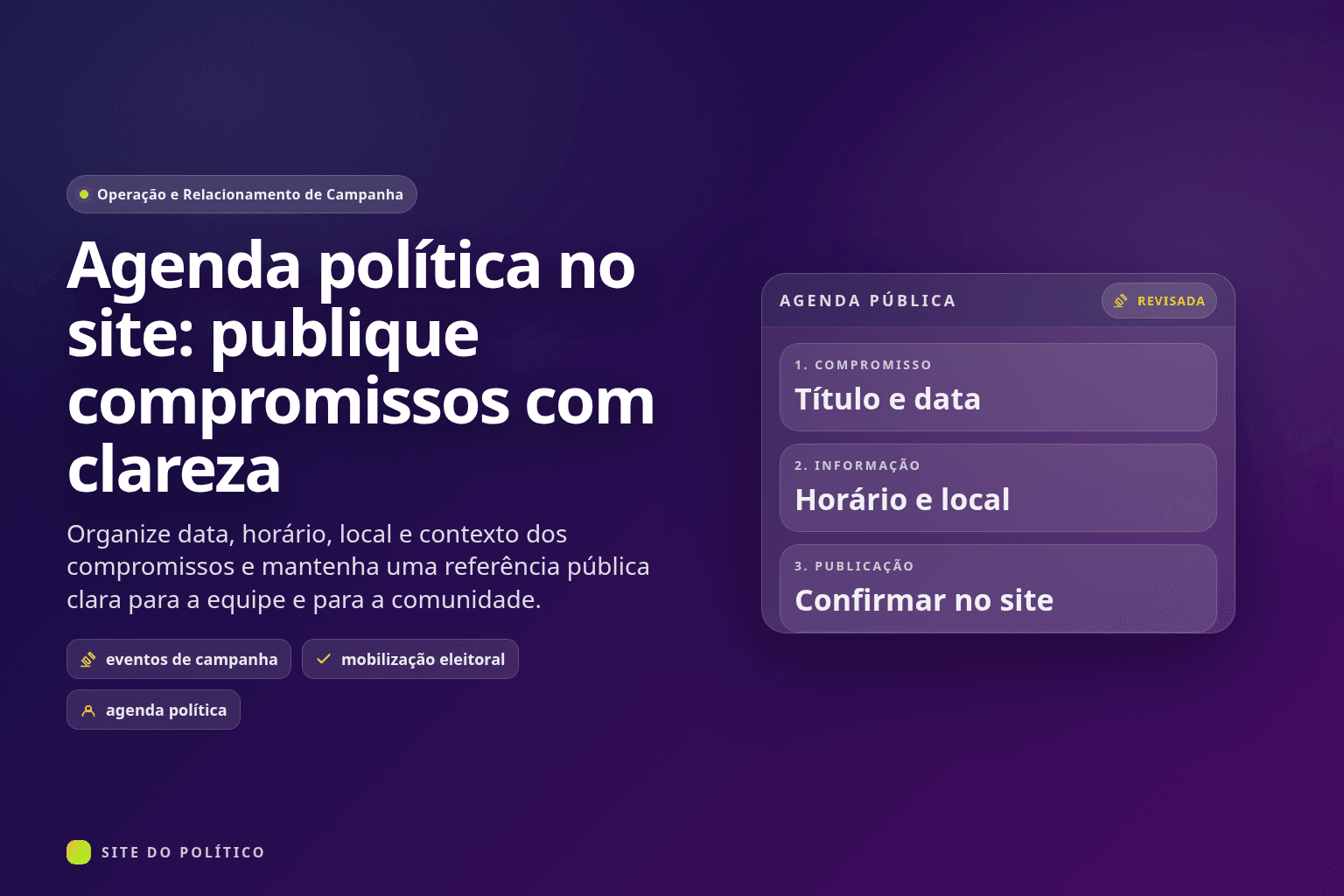 Agenda política pública com título, data, horário, local e aviso de atualização