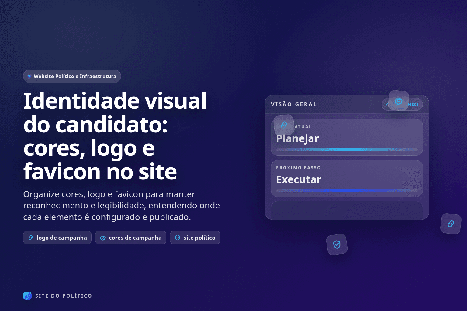 Paleta política, logo simples e favicon sendo comparados em telas de computador e celular