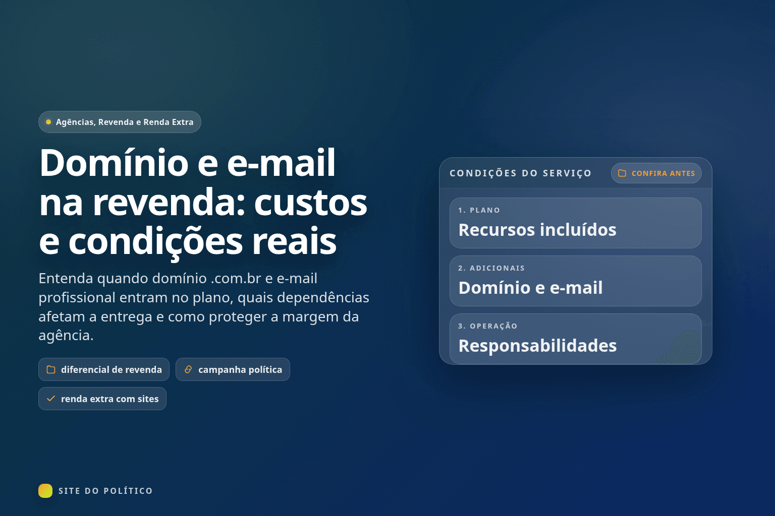 Quadro de condições do serviço com recursos do plano, domínio e e-mail, e responsabilidades