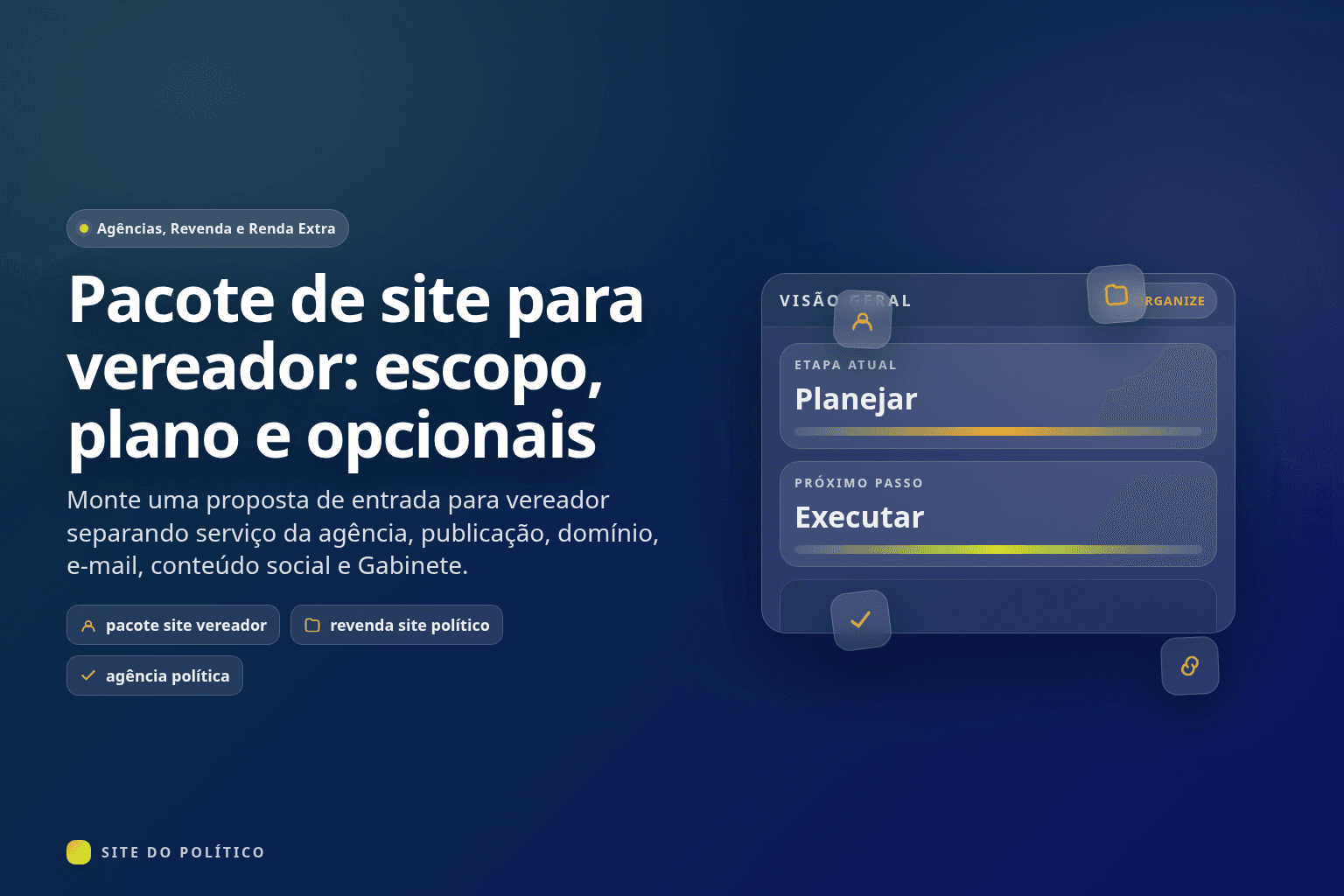 Pacote de site para vereador dividido entre entrega da agência, recursos do produto e itens condicionais