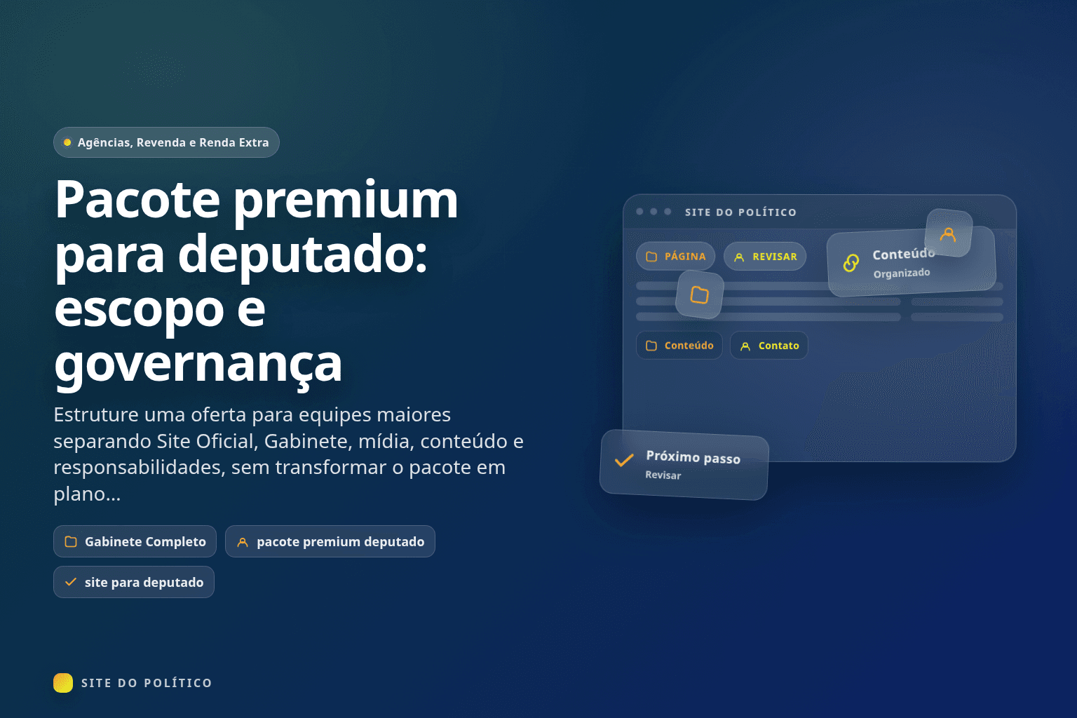 Oferta para deputado organizada em camadas de site, Gabinete, conteúdo, dados e mídia