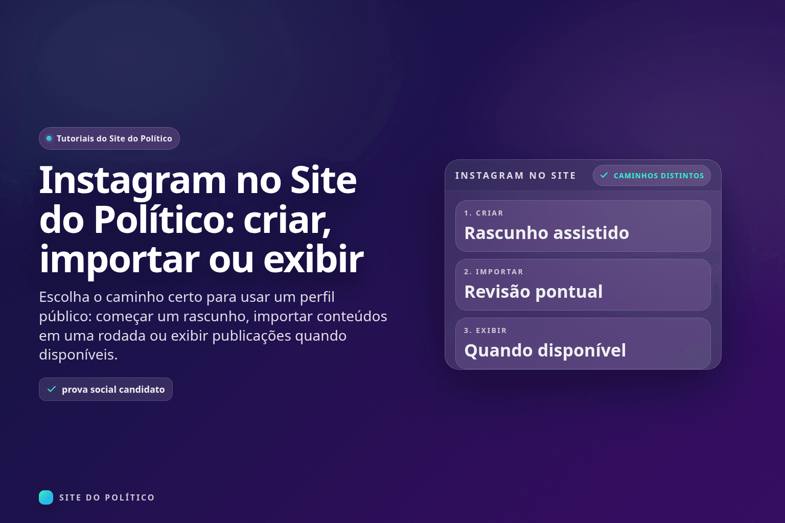 Três caminhos separados para Instagram: criar rascunho, importar conteúdo em uma rodada e exibir posts públicos
