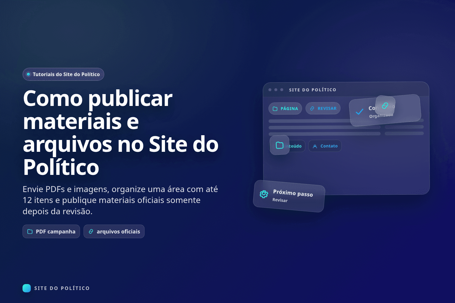Área de materiais e arquivos de um site político com PDFs e imagens