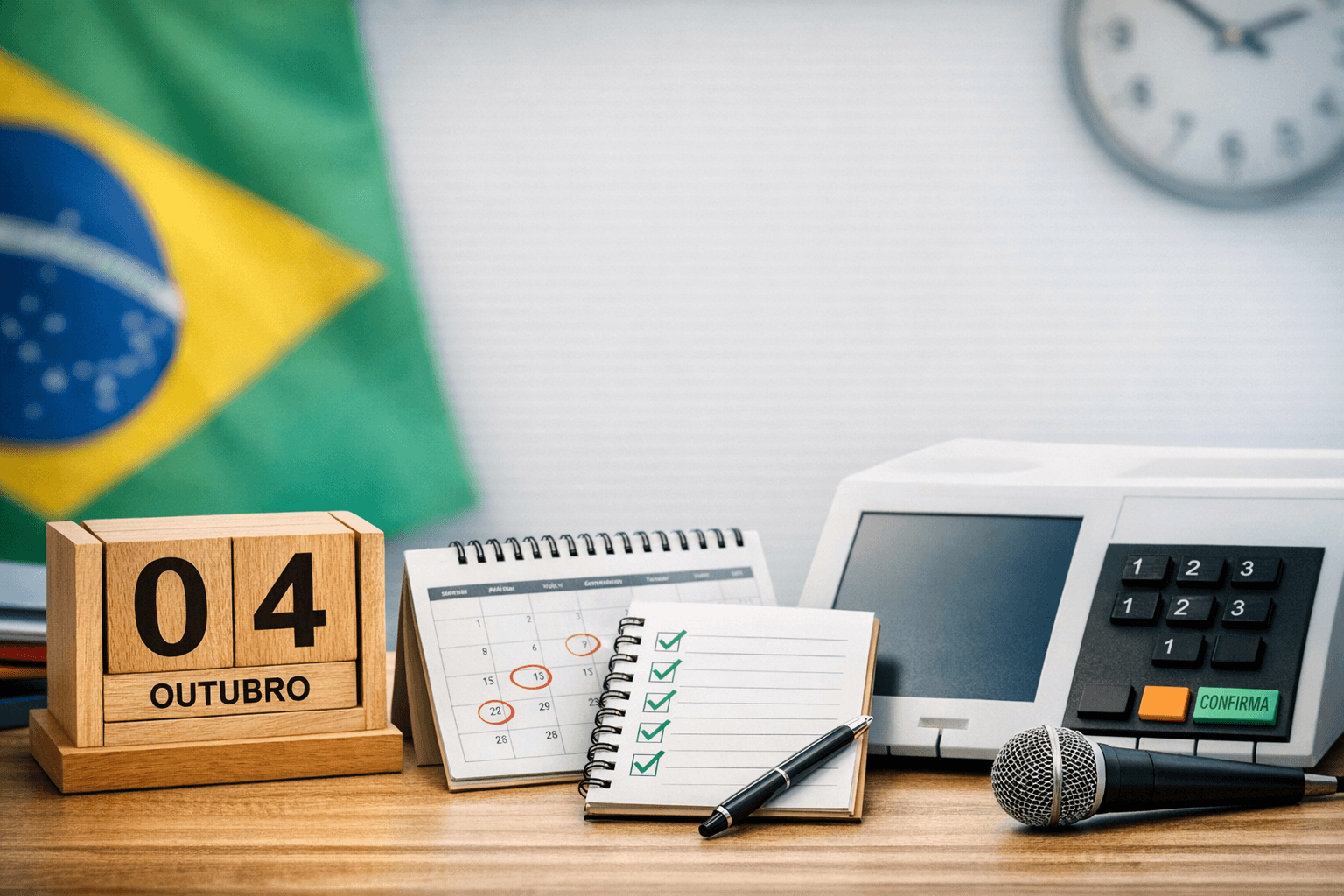 Urna eletrônica, calendário marcado em 4 de outubro, caderno de checklist e bandeira do Brasil sobre uma mesa
