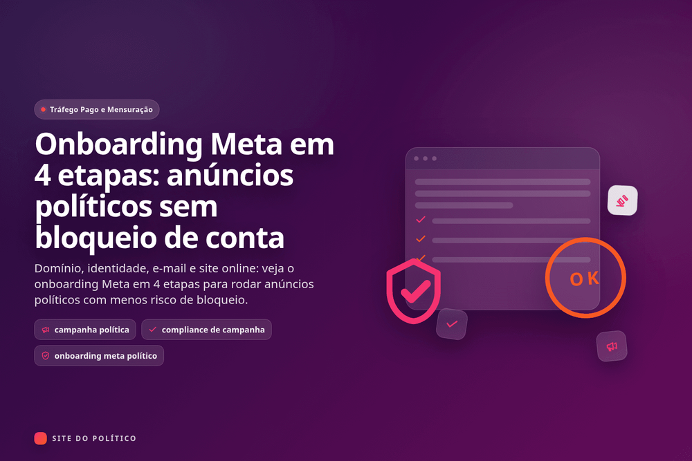 Checklist de onboarding Meta para campanha política com quatro etapas principais