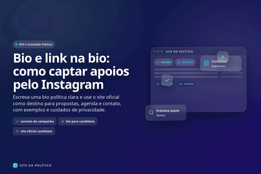 Bio política em três linhas ligada a uma página oficial clara no celular