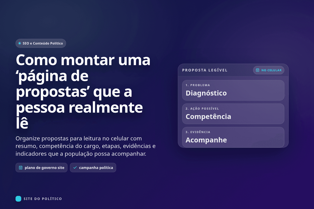 Proposta política organizada no celular com resumo, etapas, fontes e indicador de acompanhamento