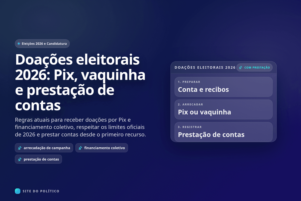 Quadro de doações eleitorais 2026 com conta e recibos, Pix ou vaquinha e prestação de contas