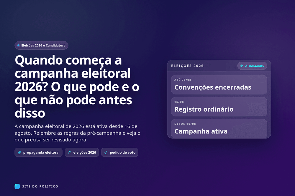 Quadro com convenções encerradas, registro ordinário em 15 de agosto e campanha ativa desde 16 de agosto de 2026