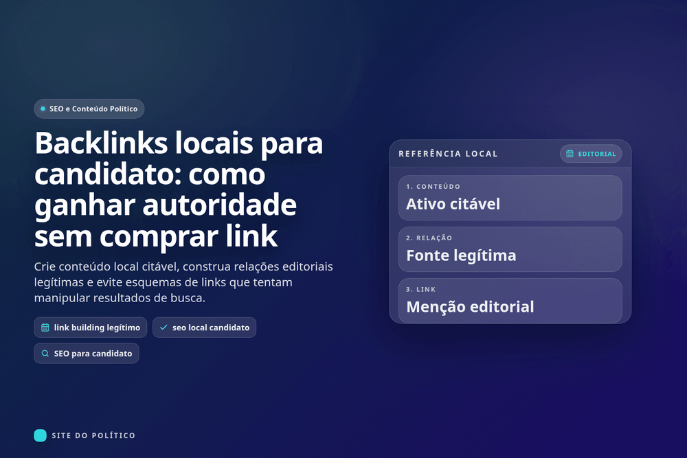 Fluxo de referência local com conteúdo citável, fonte legítima e menção editorial