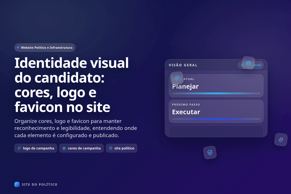Paleta política, logo simples e favicon sendo comparados em telas de computador e celular