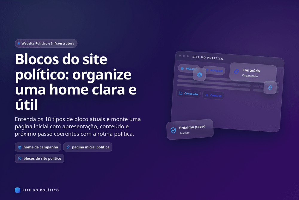 Página inicial de site político organizada em blocos de apresentação, propostas, agenda, notícias e contato