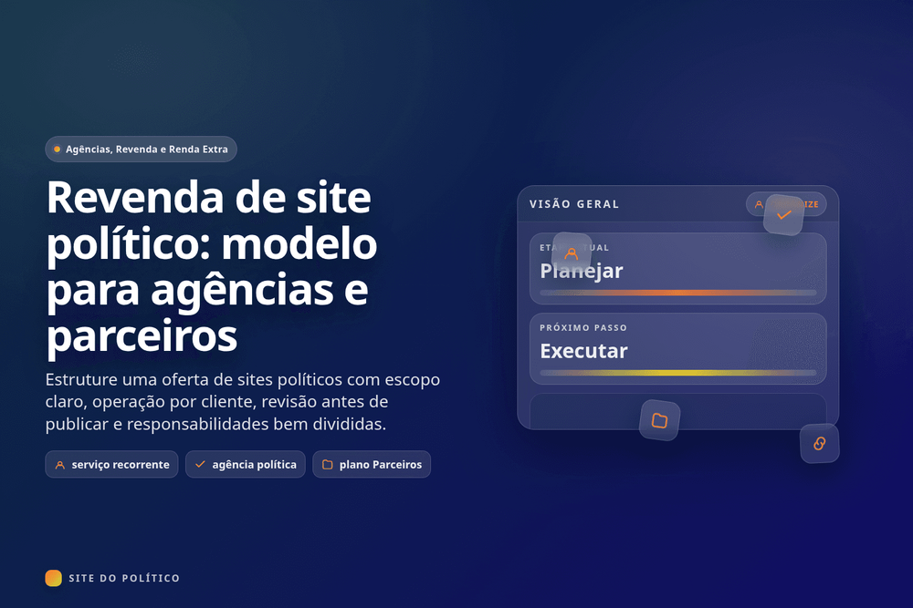Agência organizando sites políticos separados por cliente, do briefing ao aceite e à publicação