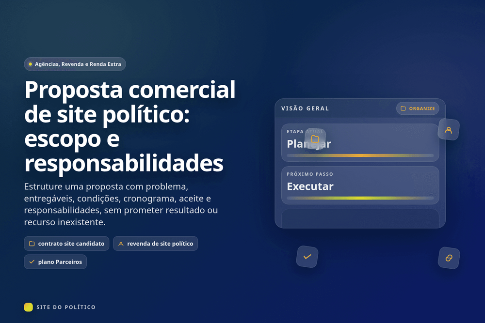 Documento de proposta comercial com campos de escopo, condições, responsabilidades e aceite