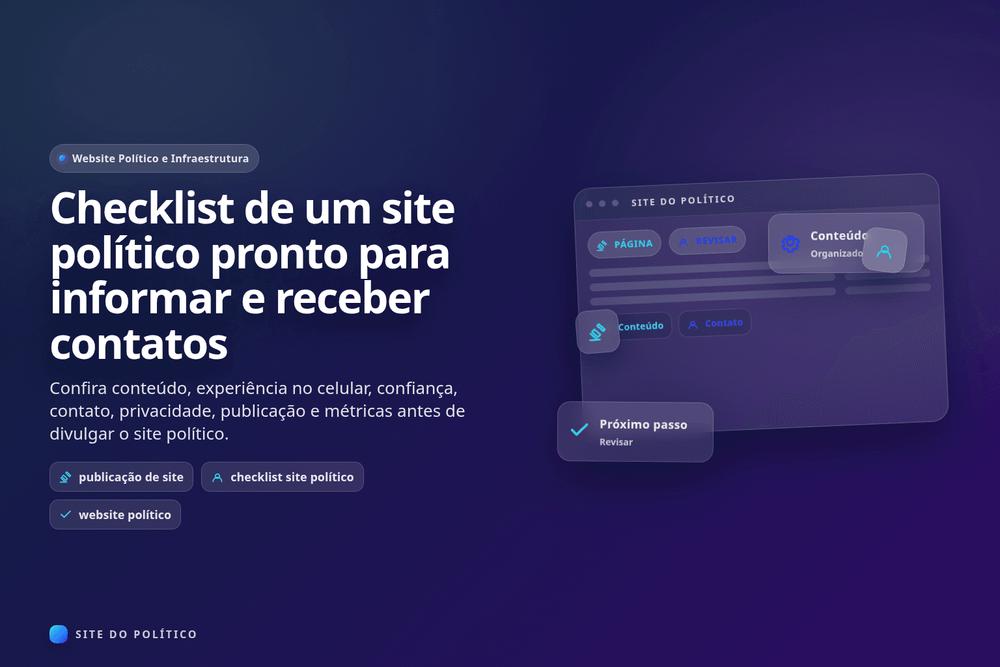 Checklist de site político com identidade, conteúdo, celular, contato, privacidade e publicação