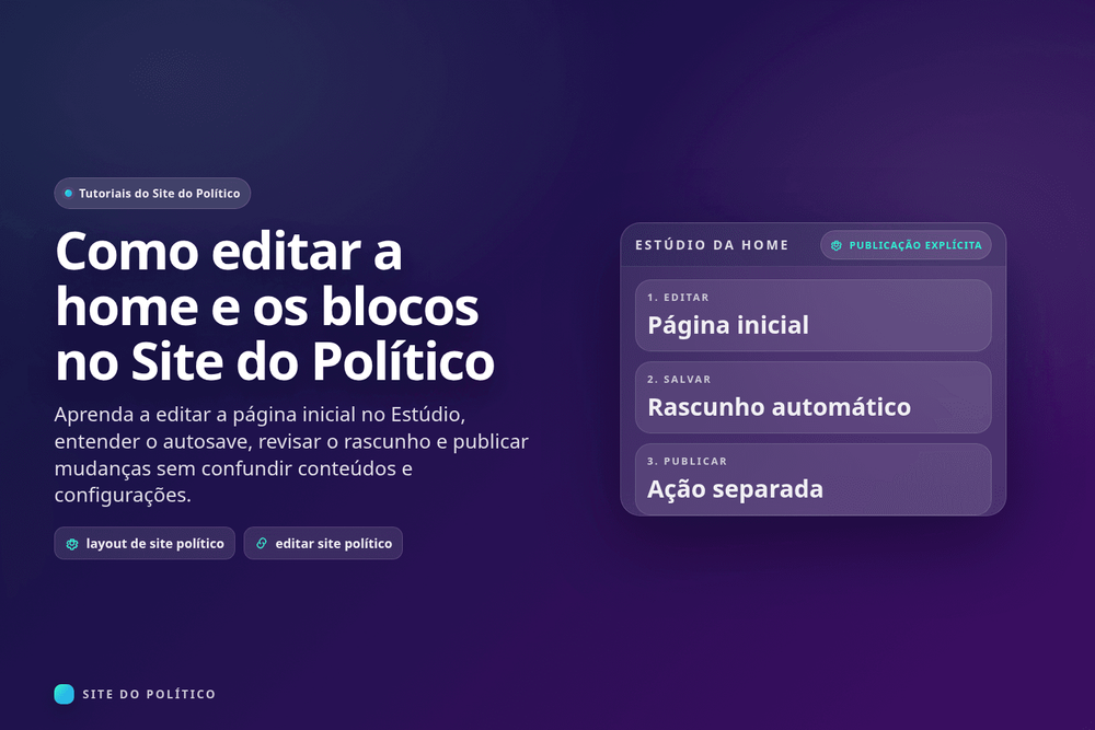 Estúdio com controles da página inicial, prévia do rascunho, autosave e ação separada de publicação