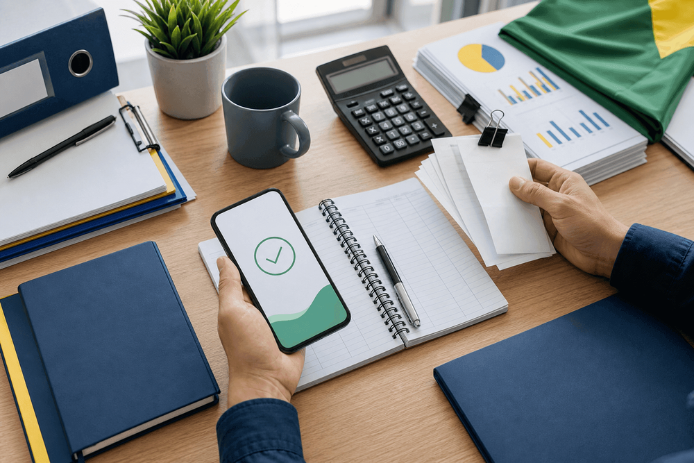 Celular com Pix e documentos de doações eleitorais e prestação de contas de 2026