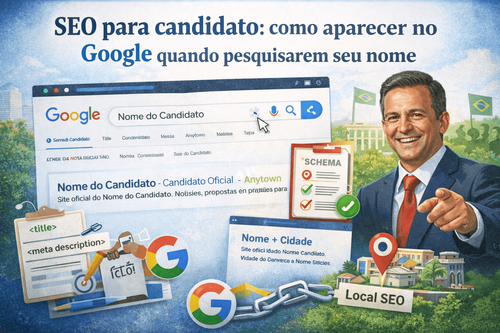 Guia de SEO político para candidato aparecer no Google: título, meta description, schema, página nome + cidade e backlinks locais
