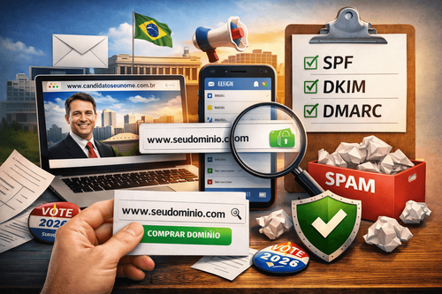 Domínio próprio e e-mail profissional para campanha eleitoral com checklist de SPF, DKIM e DMARC para evitar spam e organizar o time