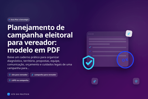 Documento ilustrado de planejamento para vereador com checklist, escudo e selo de aprovação