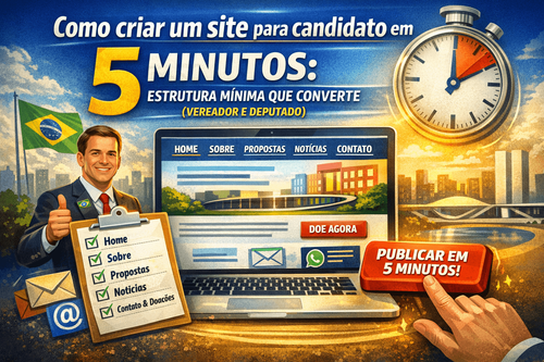 Site para candidato pronto em 5 minutos com páginas essenciais: Home, Sobre, Propostas, Notícias e Contato, com domínio próprio