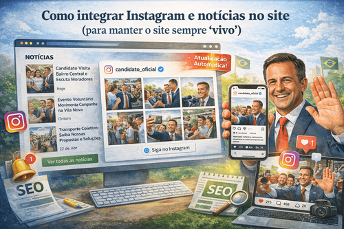 Integração em tempo real do Instagram no site político com posts, vídeos e imagens, e área de notícias para manter o site sempre vivo