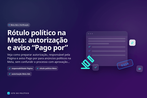 Fluxo do rótulo político na Meta com autorização, responsabilidade pela Página e aviso Pago por