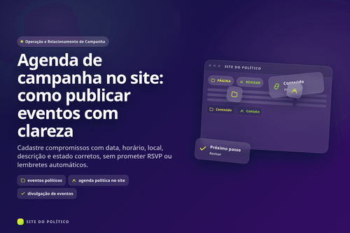 Calendário de campanha com data, horário, local, descrição e estado de publicação