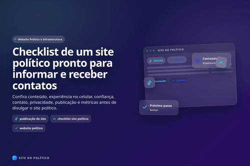 Checklist de site político com identidade, conteúdo, celular, contato, privacidade e publicação