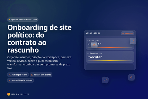 Fluxo de onboarding de site político entre contrato, insumos, rascunho, revisão, aceite e publicação