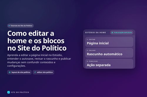 Estúdio com controles da página inicial, prévia do rascunho, autosave e ação separada de publicação