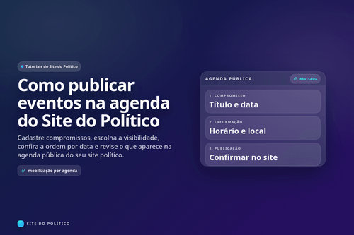 Fluxo de agenda pública com título, data, horário, local e confirmação no site