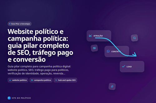 Guia pilar de campanha política digital com mapa hub-and-spoke para website político, SEO, anúncios e conversão